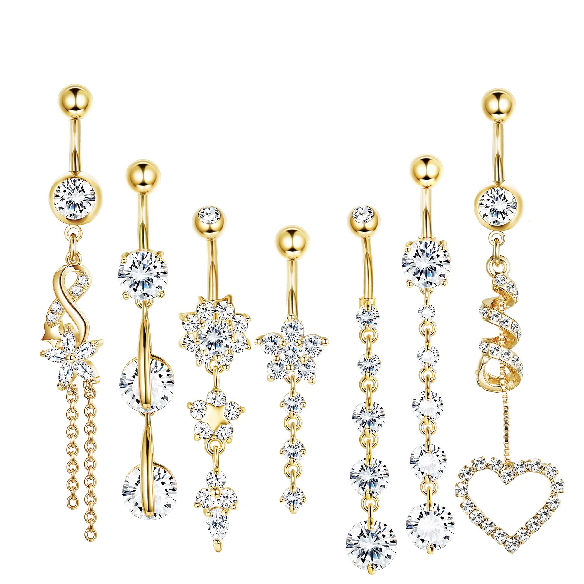 LOLIAS 7 Pcs 14G Dangle Belly Button Rings for Women 316L Surgical Steel Curved Navel Barbell Body Jewelry Piercing, Stainless Steel,Cubic Zirconia,Steel, cubic zirconia