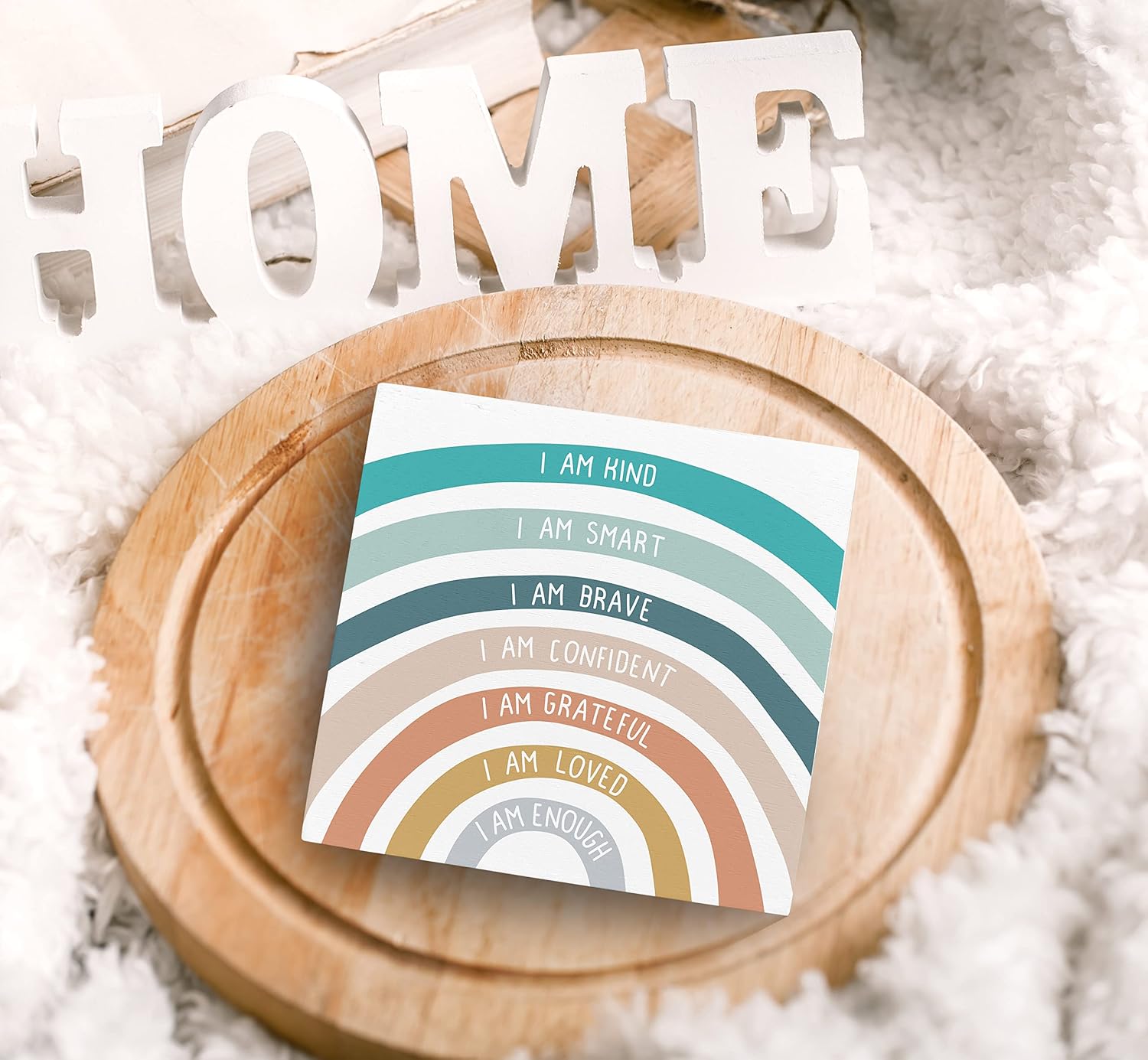 SRADMO Affirmation I am Kind I am Smart I am Brave Wood Box Sign Desk Decor，Inspirational Quotes Wooden Block Box Sign Decoration For Kids Baby Room Classroom Playroom Wall Shelf Table Decor image 5