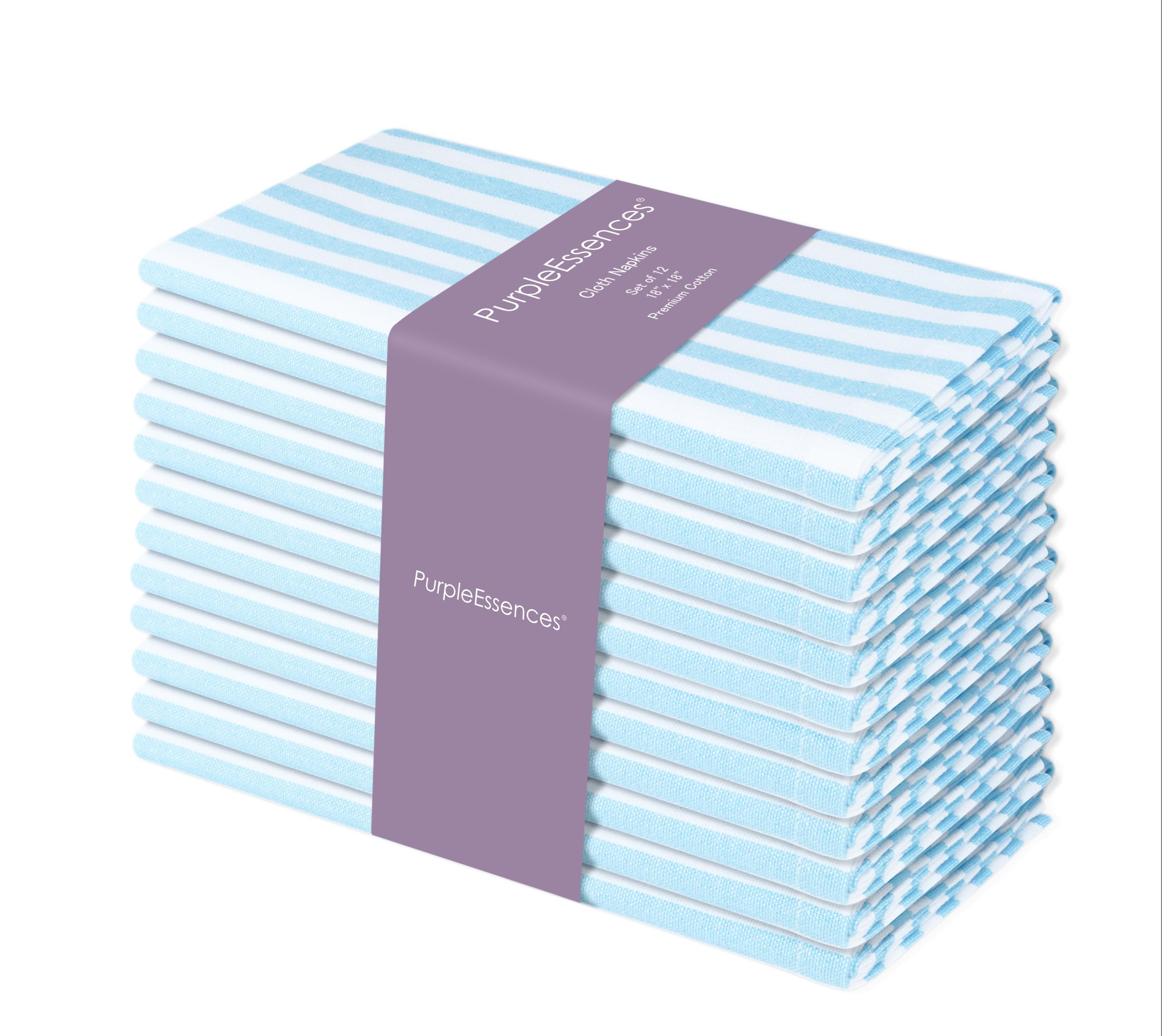 Photo 1 of PurpleEssences Plain Striped Cloth Napkins - Set of 12-100% Cotton - 18 x 18 Inch - Spring Easter Summer and Perfect Everyday Use Dinner Napkin - Aqua Blue White