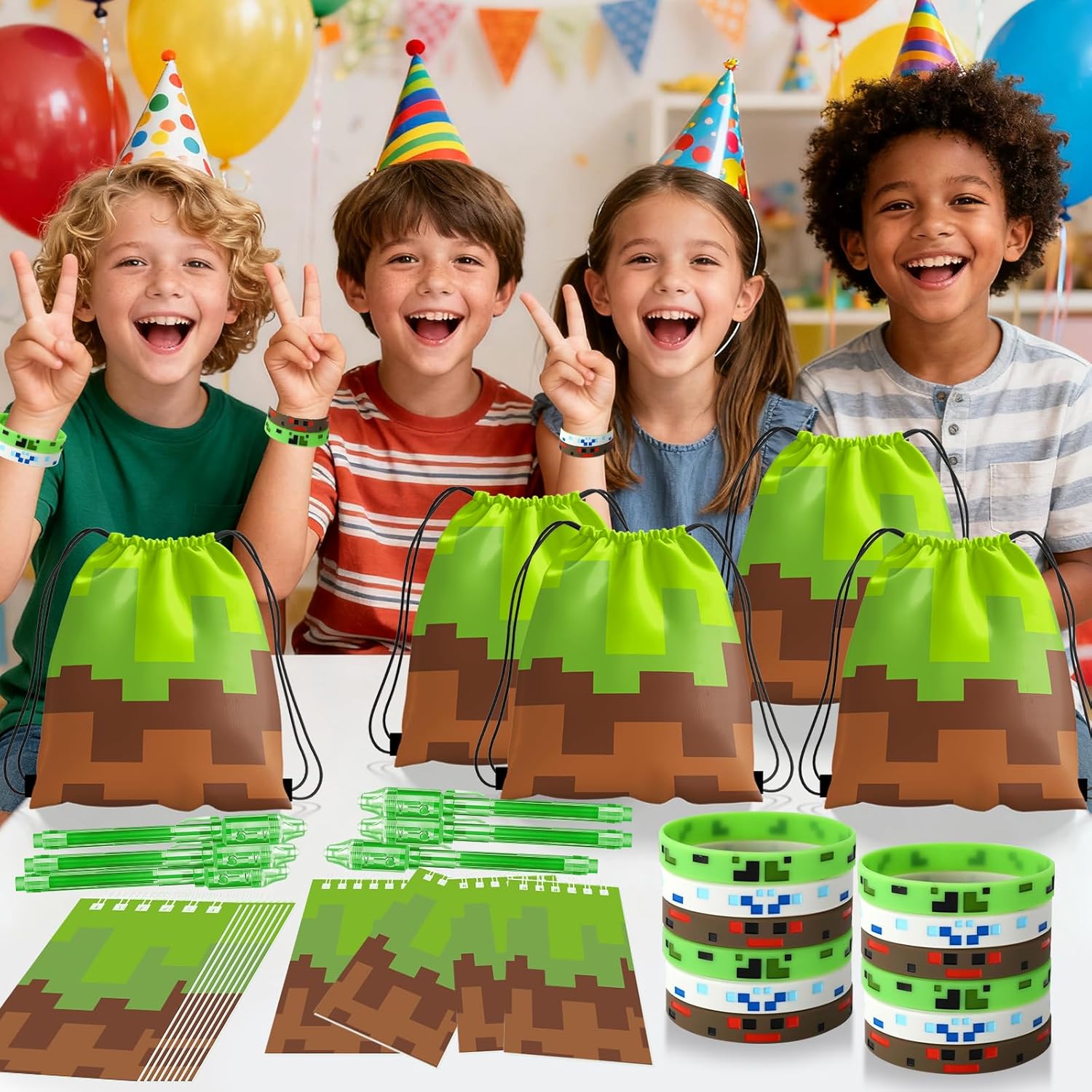 Pixel Theme Party Favors, Miner Game Birthday Party Supplies & Goodie Bags for Kids, Include Drawstring Bags Notebook Silicone Bracelet Highlighter for Gifts Fillers - Image 7