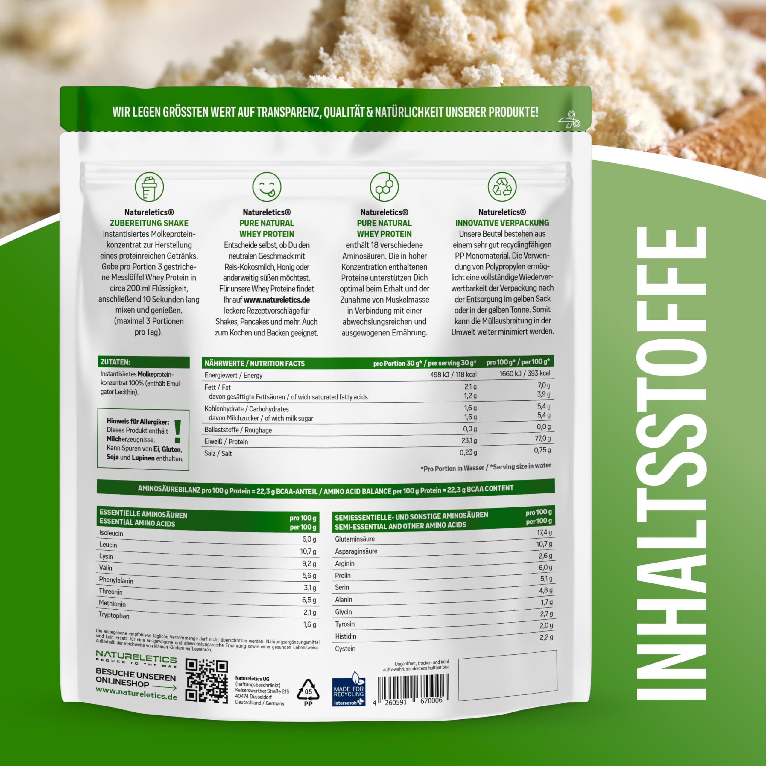 NATURELETICS NEUTRAL Whey Protein Ungesüßt ohne Süßstoffe und Zuckerzusatz Natürliches Premium Eiweißpulver, 1kg ohne Aspartam & Sucralose, Low Carb, Hoher BCAA-Anteil, Made in Germany