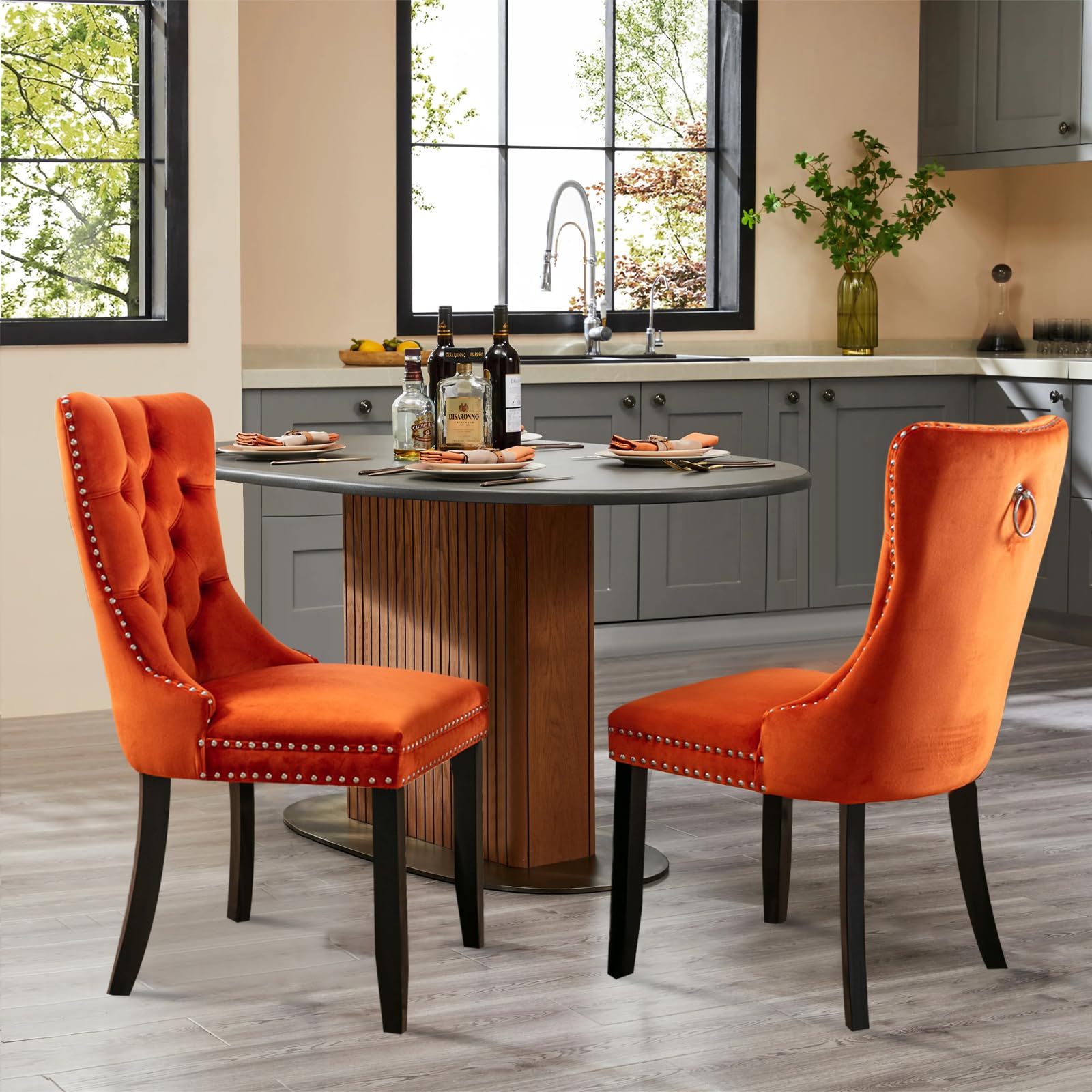 SoarTalent Velvet Upholstered Dining Chairs Set of 2, Modern Style Kitchen Side Chairs with Nailhead Trim and Wood Legs,Metal Pulling Ring for Dining