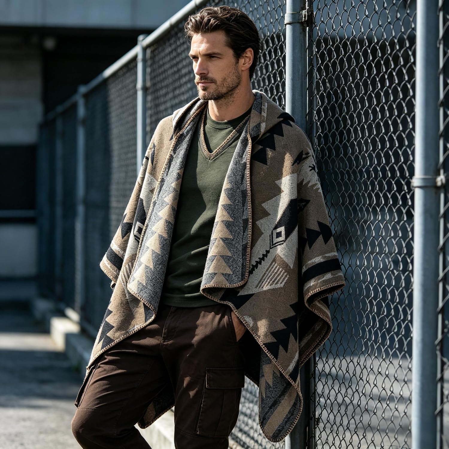 Men's Western Poncho Cape, Geometric Fringe Shawl, Thick Knit Blanket Wrap for Camping, Daily & Travel image 2