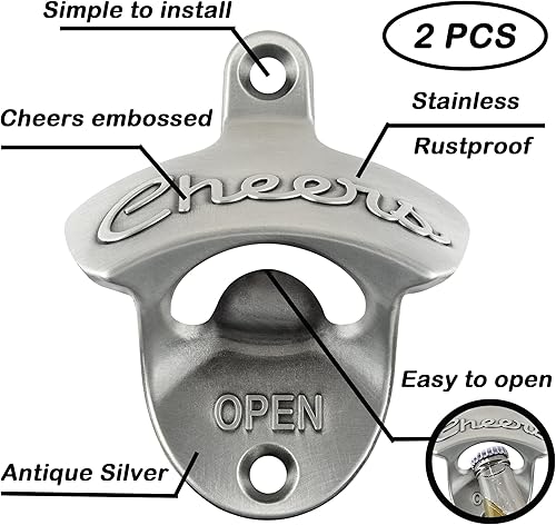 Miniatura 2 de Abrebotellas montado en la pared, abridor de tapas de cerveza de pared, color plateado antiguo (paquete de 2)