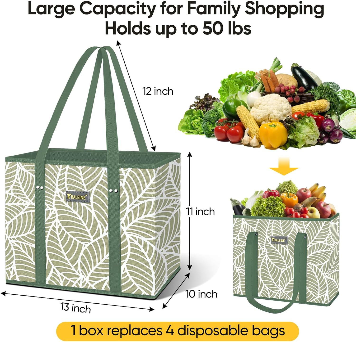 BALEINE 4 PK Grocery Bags Reusable Shopping Bags with Reinforced Bottom & 3Pk Reusable Grocery Bags
