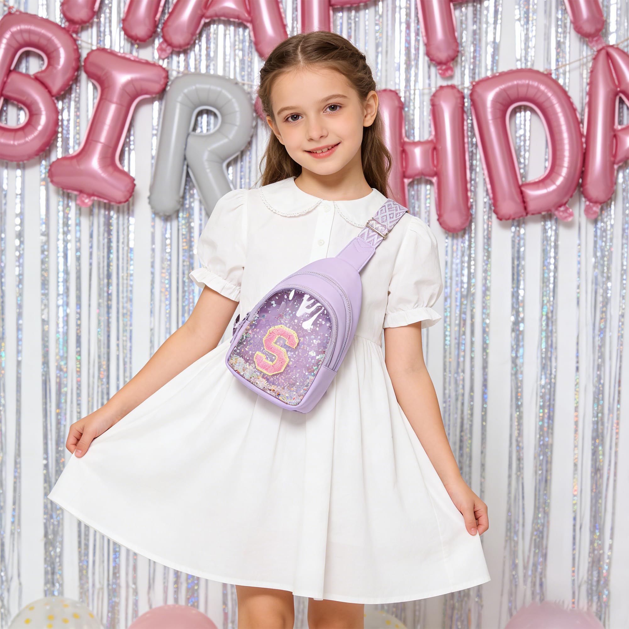 I IHAYNER Clear Initial Sling Bag for Gilrs Crossbody Bag Waist Pack Personalized Gifts for 4 5 6 7 8 9 10 11 12 13 Year Old Girls Purse for Birthday Mothers Day Gifts for Daughter Sister （Purple-A）