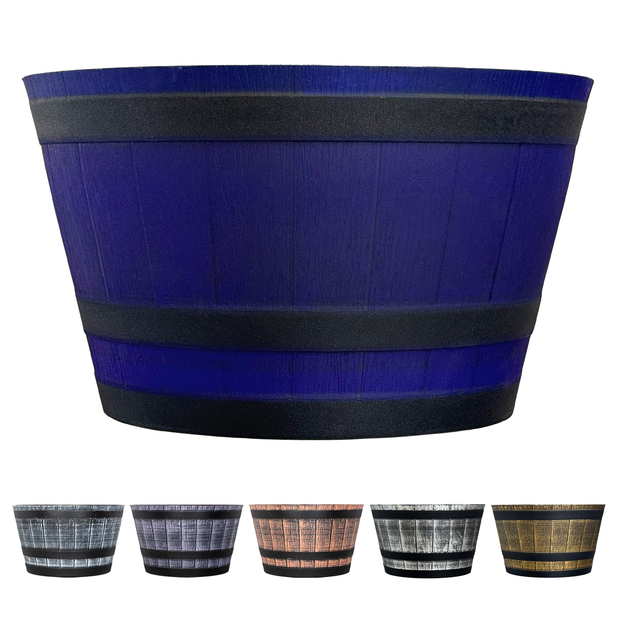 Sg Traders Dark Blue Large Half Barrel Cask Planter, Flower Pots Outdoor Garden Planters, Indoor Plant Pot With Drainage Holes, Plastic, Tan With Black Straps, 40 X 24Cm