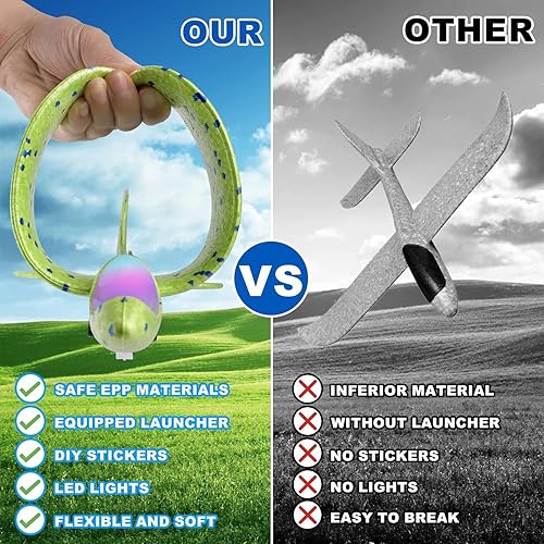 Miniatura 7 de Paquete de 3 juguetes lanzador de aviones, espuma de 12.6 pulgadas, 2 modos de vuelo, catapulta de avión LED, juguetes para niños con 3 calcomanías