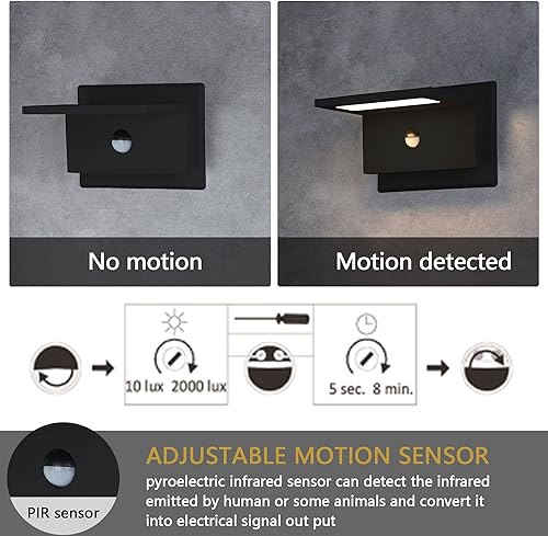 Miniatura 3 de Lustrlach Paquete de 2 lámparas de pared LED negras con sensor de movimiento IP54 impermeables 680LM para patio, porche, garaje