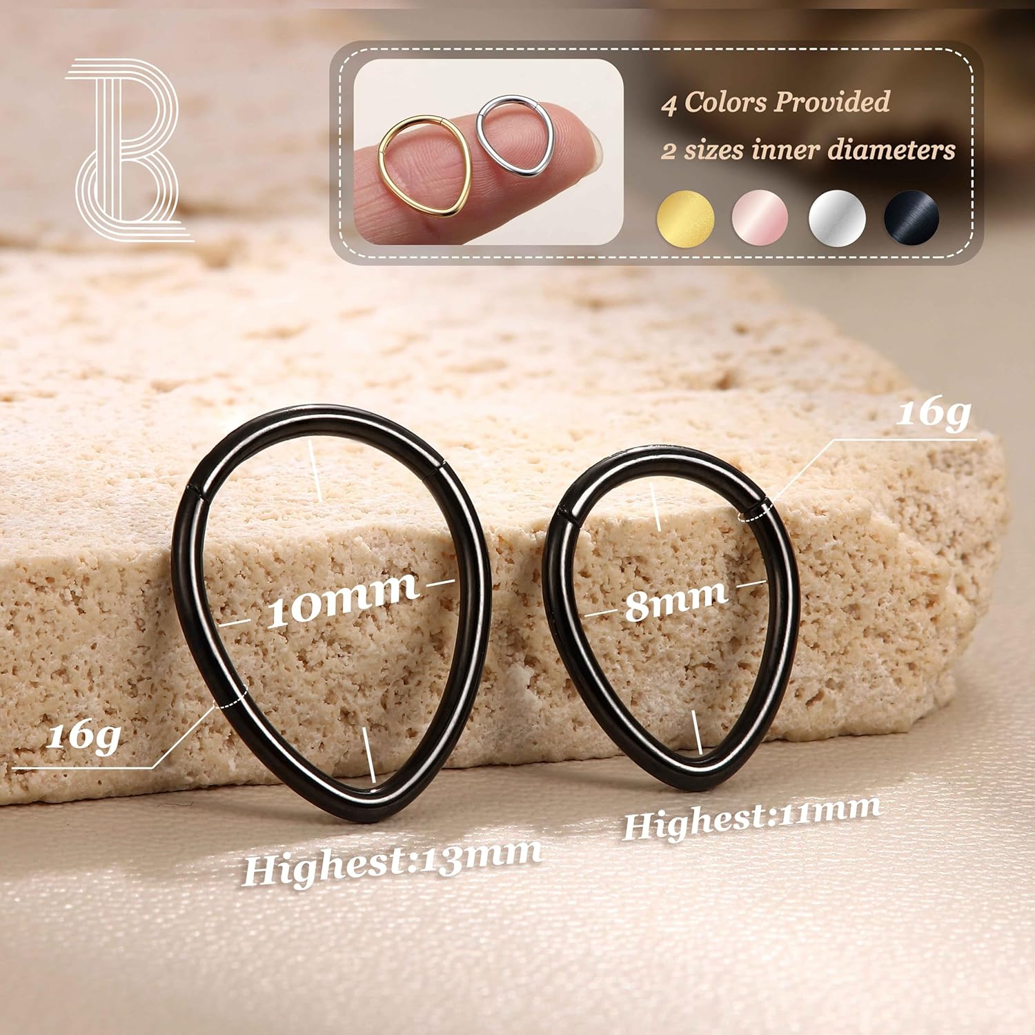 BodyBonita 16G Septum Rings Teardrop - 316L Surgical Steel Nose Rings Hoops Hinged Cartilage Earrings for Women Conch Daith Piercing Jewelry Helix Rook Lip Gold Plated/Silver/Black/RoseGold Plated - Image 2