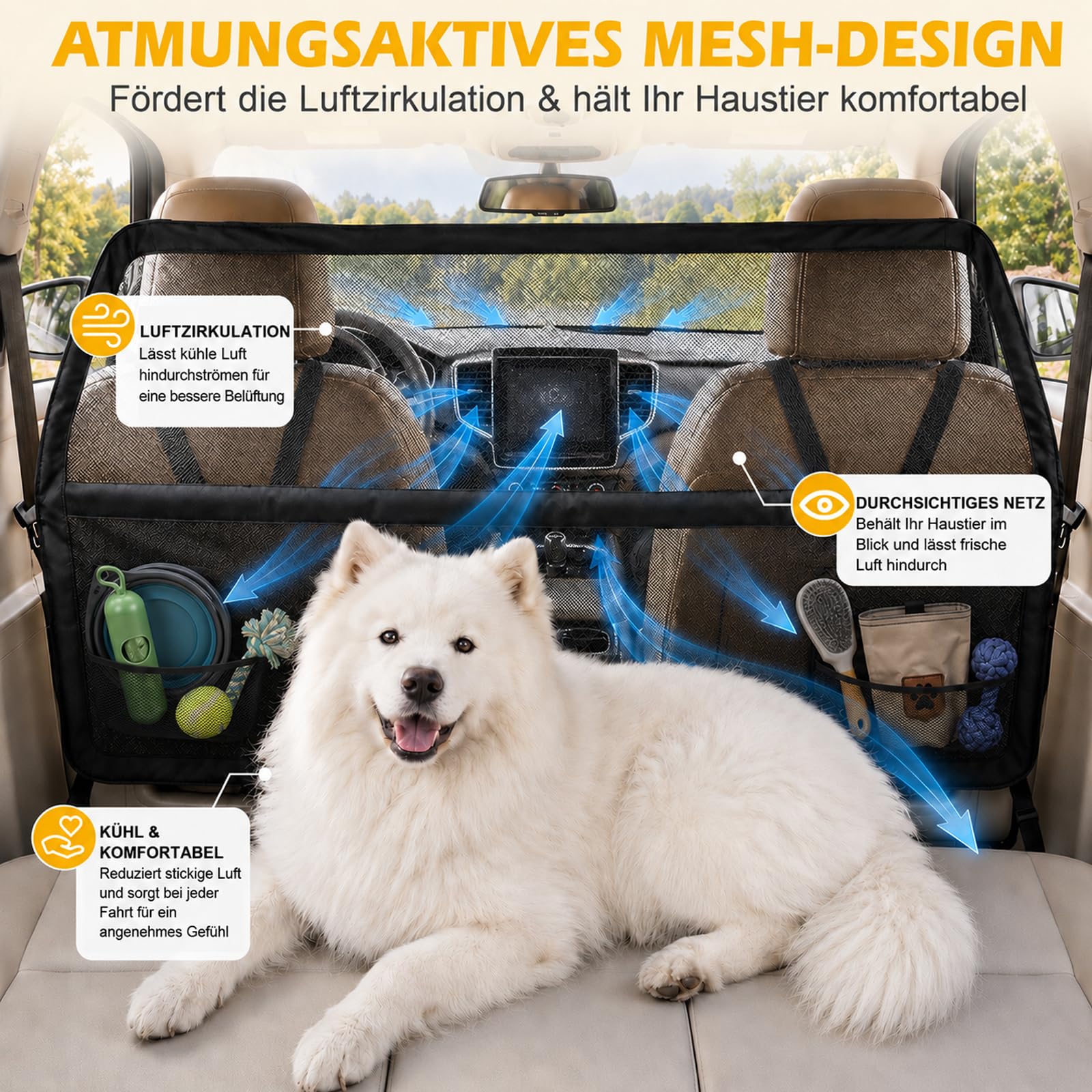 127 x 142 x 81 cm, barrera para perros con marco de metal y red de visión, protección para perros para maletero y asiento trasero con mayor cobertura, universal, para SUV, camiones, vehículos