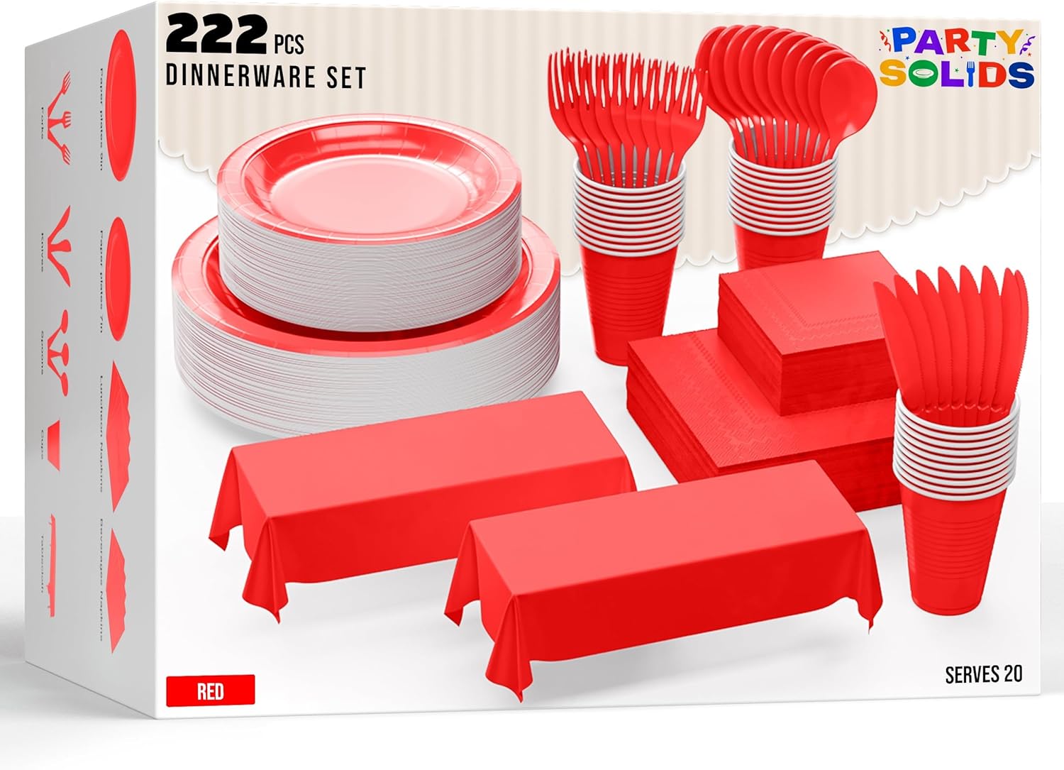 Party Solids 222 Pcs White Paper Plates and Napkins Sets, Disposable Plates For Party, Lunch & Cocktail Napkins Paper, 18oz Plastic Cups, Cutlery and White Table cloth Plastic Dinnerware Set