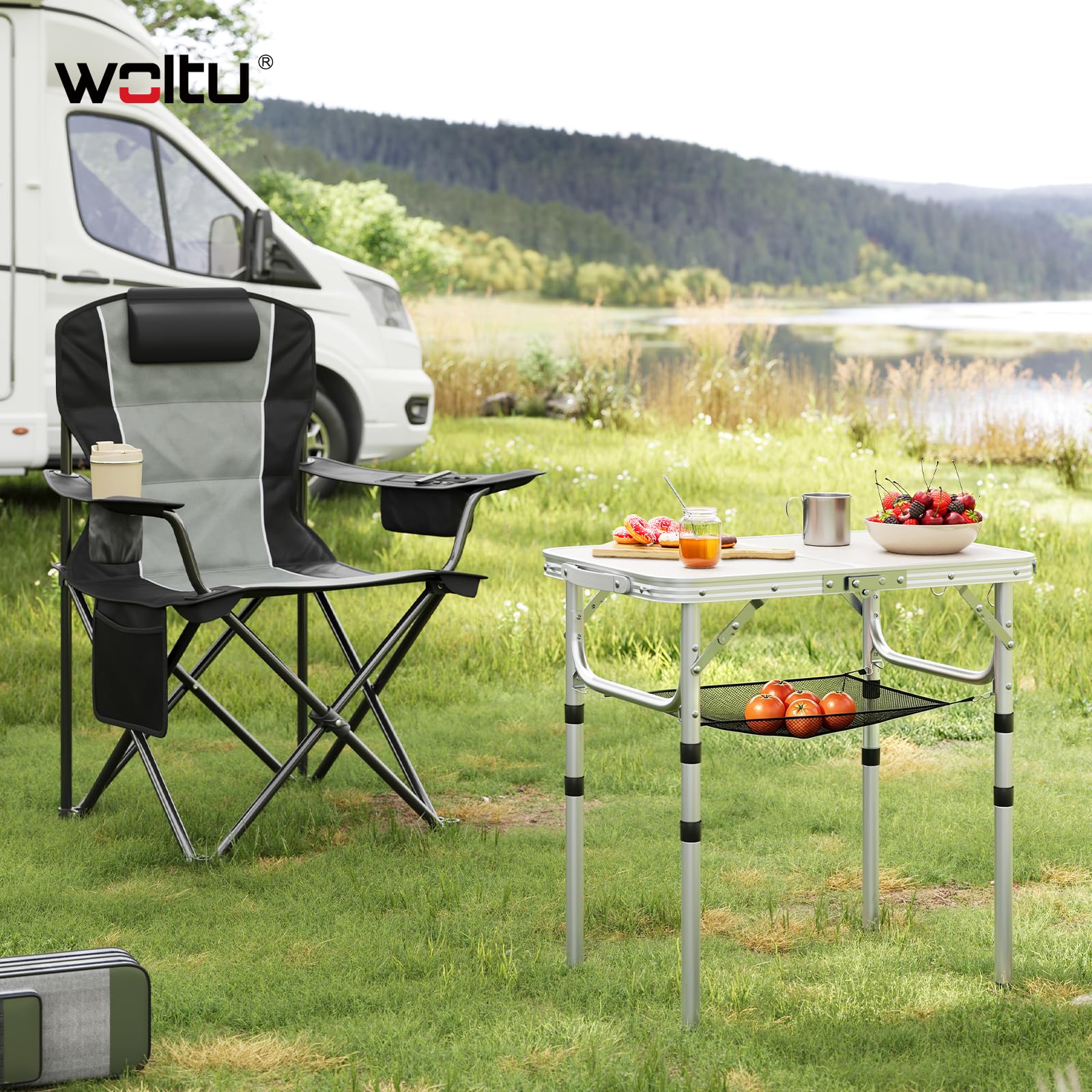WOLTU Tavolino Pieghevole Regolabile in Altezza 25/36/50/60 cm, Tavolo da Esterno con Ripiano in Rete Metallica, Piano in MDF 60x40 cm, Telaio in Metallo, per Campeggio, Barbecue, Giardino,Bianco