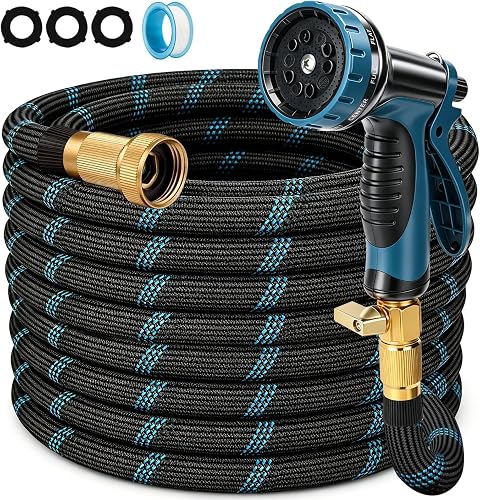 Non-Expanding Garden Hose 100ft Lightweight Flexible Water Hose with 10-Function Sprayer, 3/4" fittings, Durable Fabric Skin, Pressure Resistant for Yard Outdoor