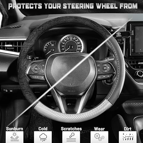 Miniatura 68 de SEG Direct Funda universal para volante de automóvil, de 15 pulgadas, piel de microfibra, color blanco y gris Negro y gris