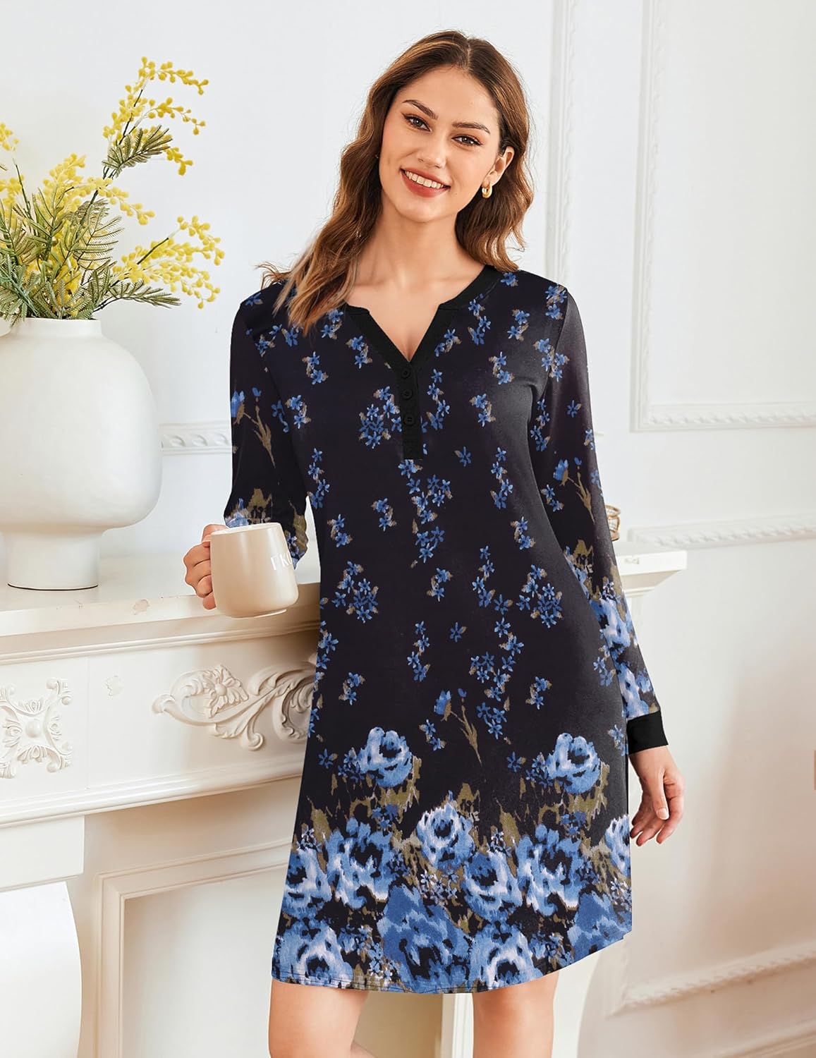 Ekouaer Women's Nightgown Long Sleeve Sleepshirt Button Down Nightshirt V Neck Pajama Dress with Pockets S-XXXL - Image 2