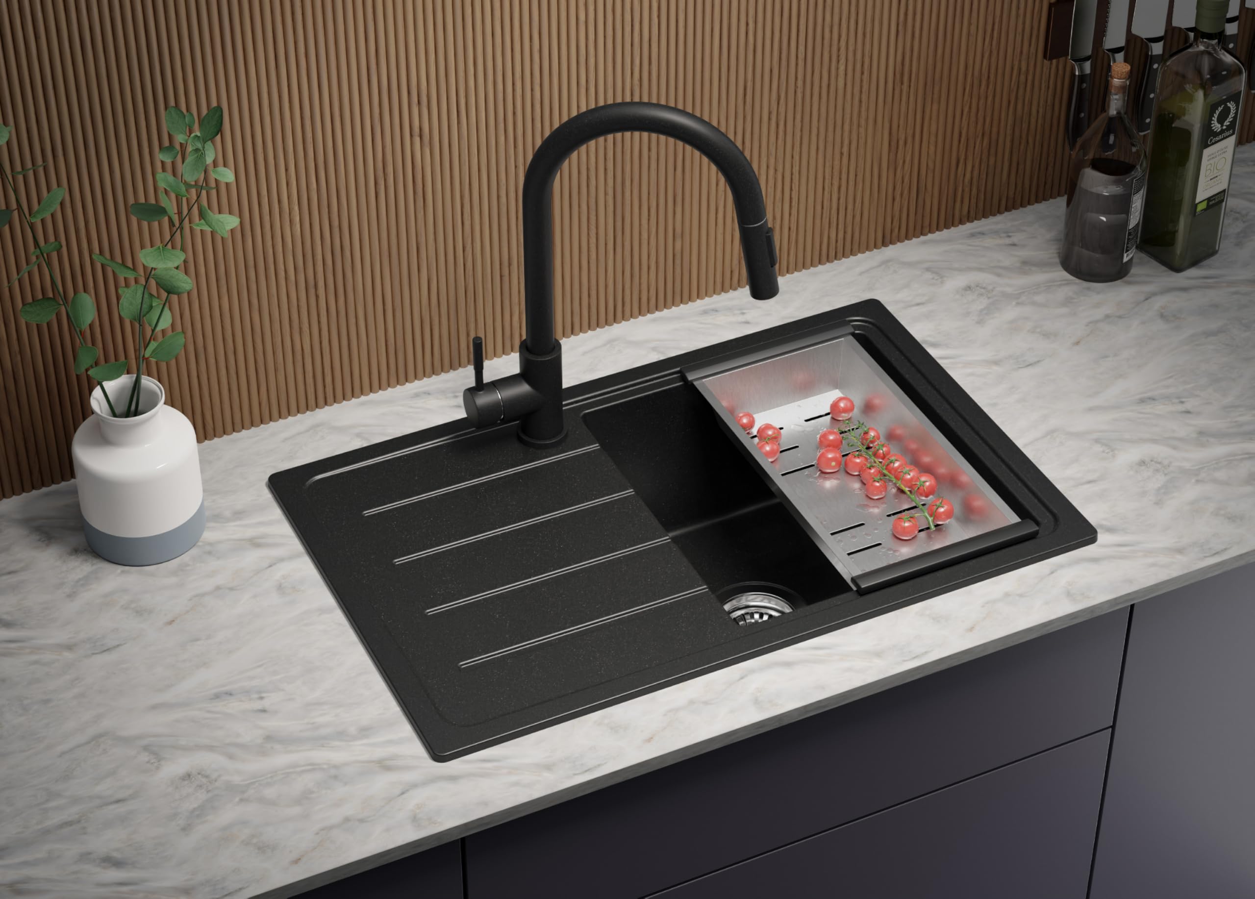 PRIMAGRAN Evier Cuisine en Granit Noir 70x44cm, Lavabo 1 bac + Robinet 32x20cm + Kit de Vidage, Évier à Encastrer au Meuble 45cm - Copenhague Easy S045