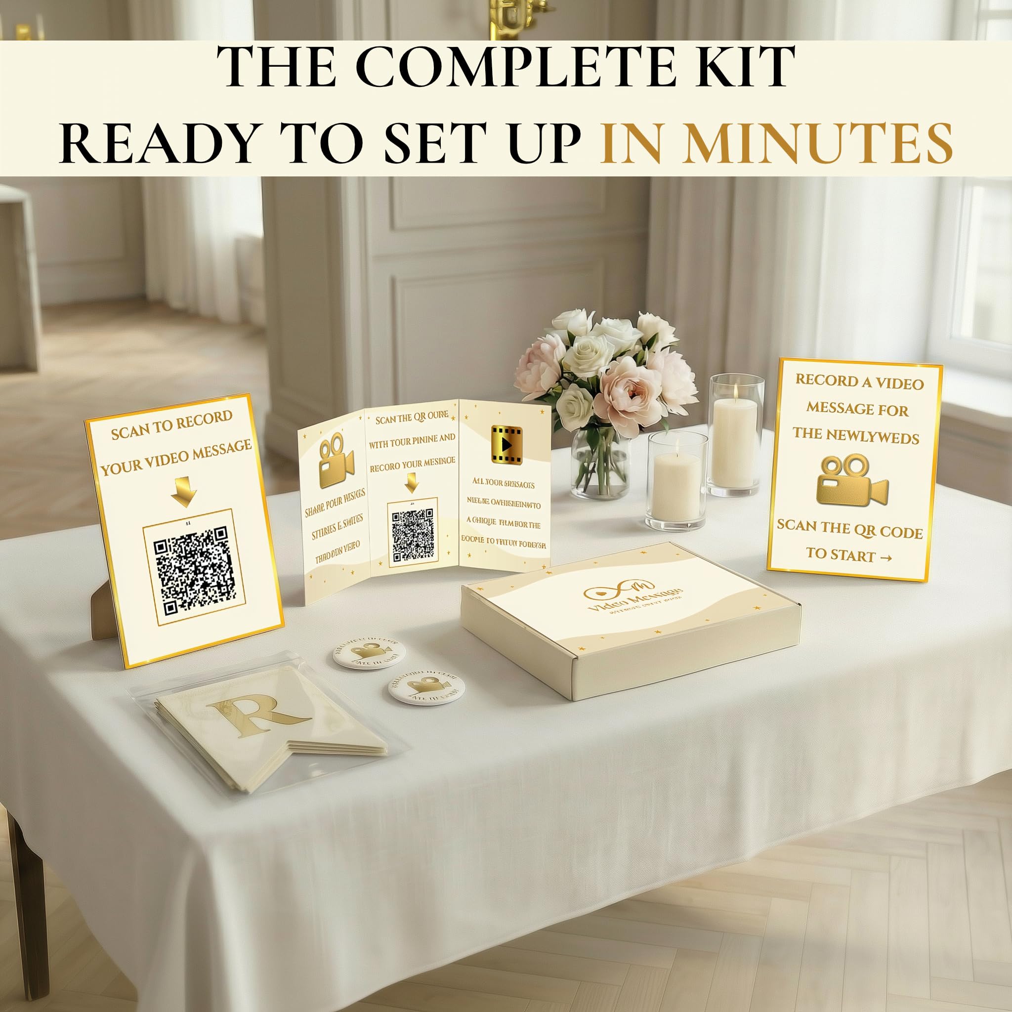 Livre d'or vidéo pour mariage avec code QR – Alternative au livre d'or de mariage, les invités enregistrent des messages vidéo sur leur téléphone, sans application – Film édité en 24 heures – Kit avec