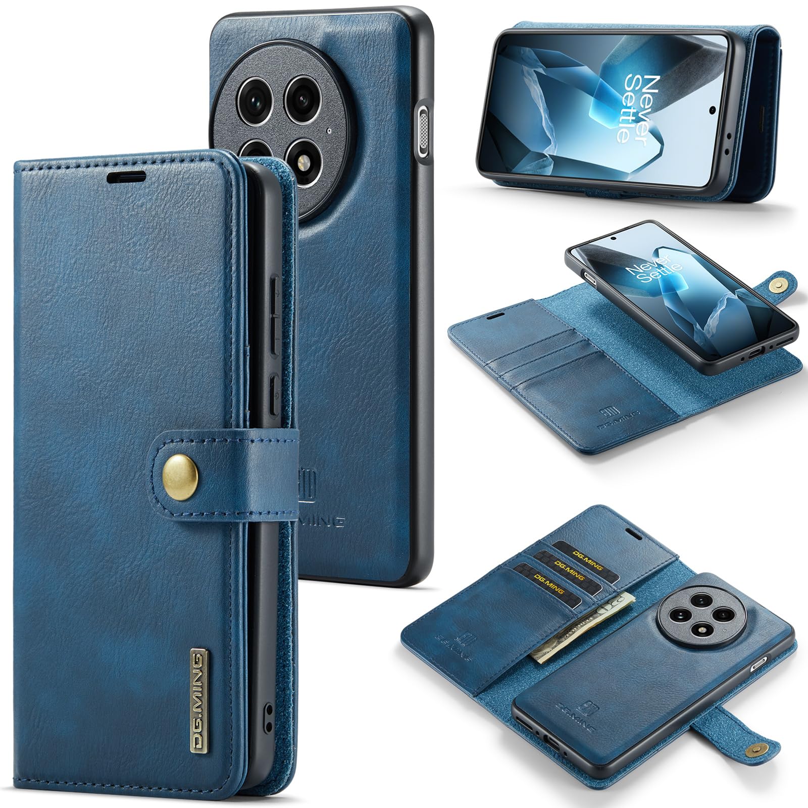 DG.MING Compatible with Oneplus 13 Genuine Leather Wallet Case, Detachable 2 in 1 Split Leather Wallet Phone Cover,Magnetic Pouch Shell (Blue)