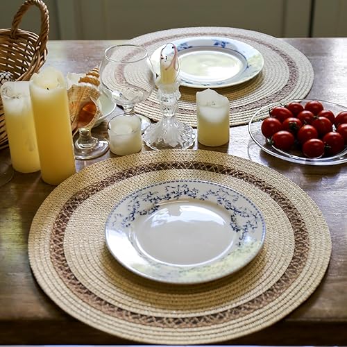 Miniatura 4 de AHHFSMEI Juego de 6 manteles individuales redondos de papel y yute trenzados, antideslizantes, resistentes al calor, para mesas de comedor,
