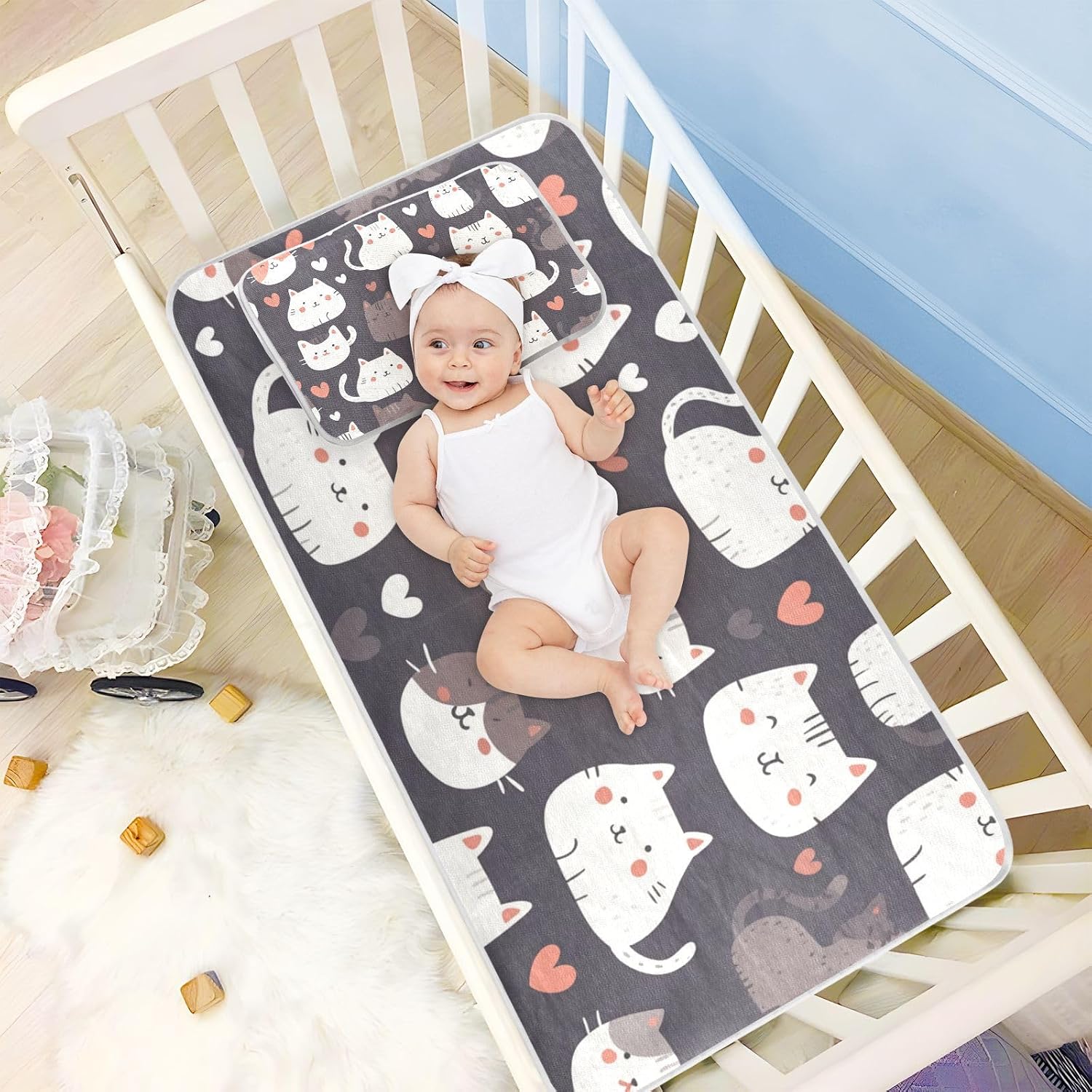 Grey Cute Cat Heart Cartoon Cooling Baby Mattress Protector 28" x 52" Absorbent Pee Pads for Baby&Toddler