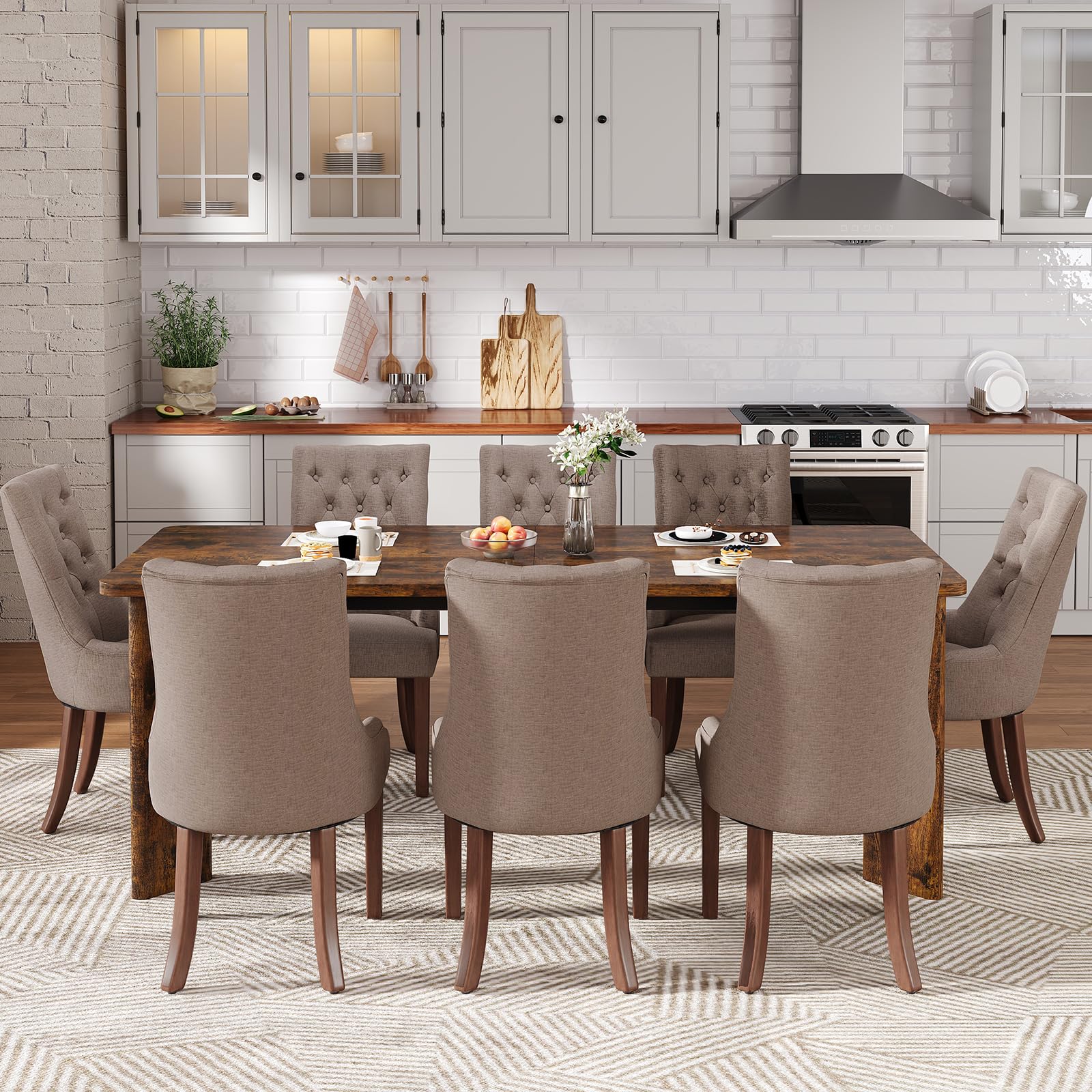 MALOL 9-Piece Rectangular Dining Table Set for 8, 63" Industrial Kitchen Table with 8 Tufted Parsons Dinner Chairs for Dining Room, Kitchen, Living Room, Brown+Camel