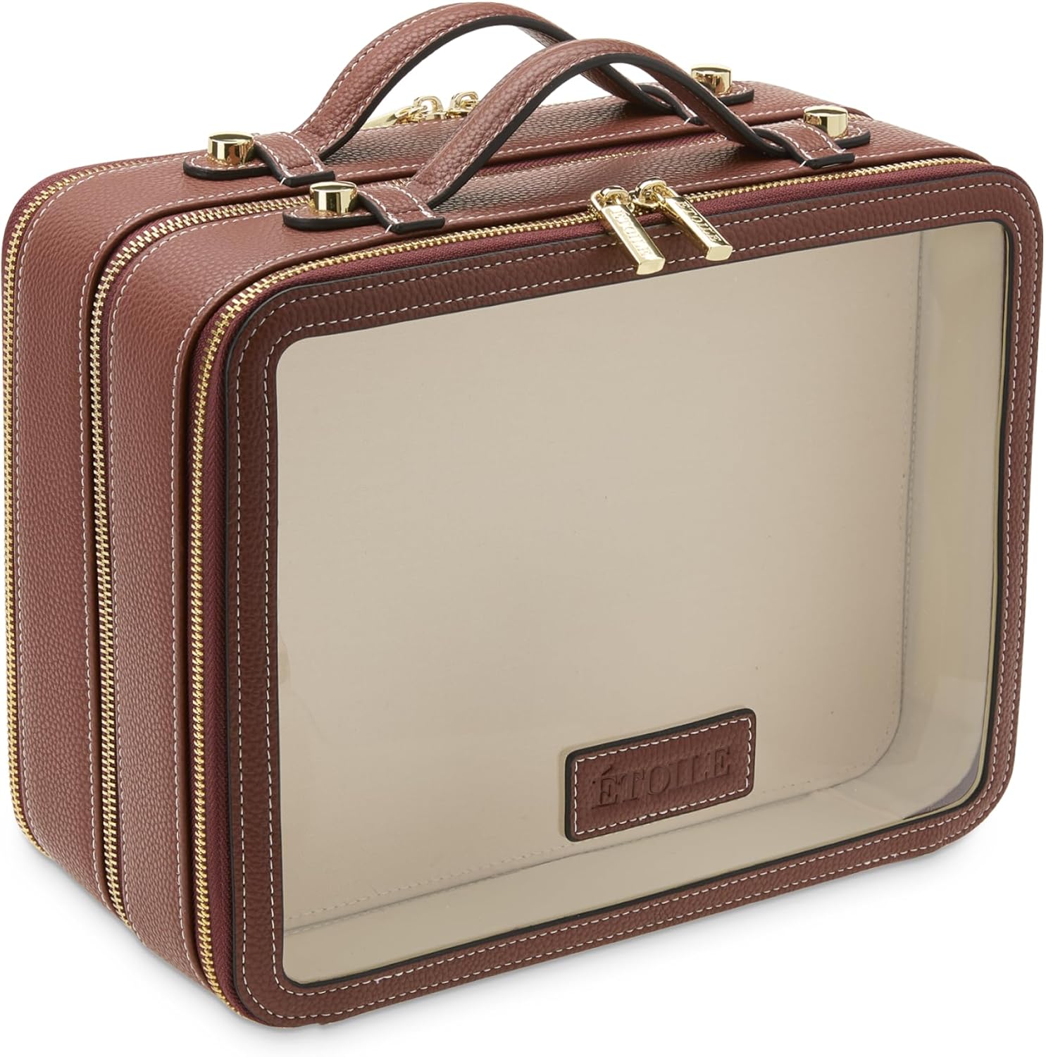 ETOILE - Large Twin Cosmetic Case Ginger Brown - Dual Compartment Cosmetic Beauty Organizer & Toiletry Case