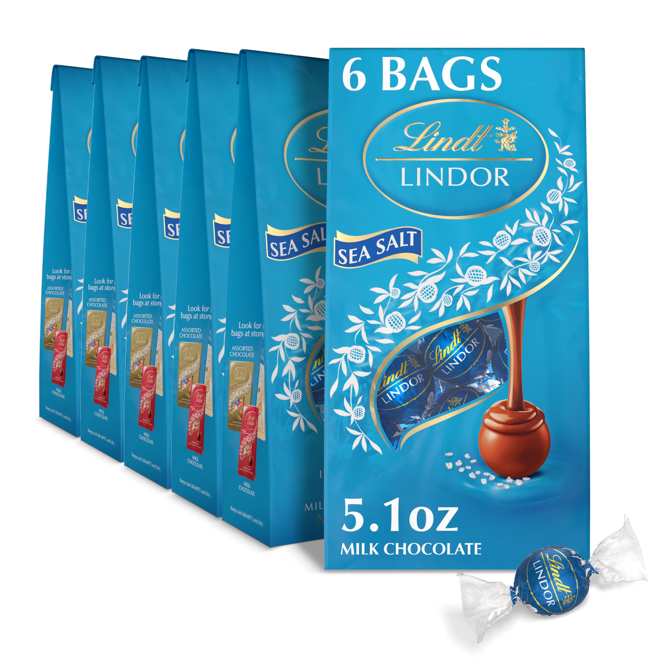 Lindt LINDOR Sea Salt Milk Chocolate Truffles, Milk Chocolate Candy with Smooth, Melting Truffle Center, Great for Gift Giving, 5.1 oz. Bag (6 Pack)