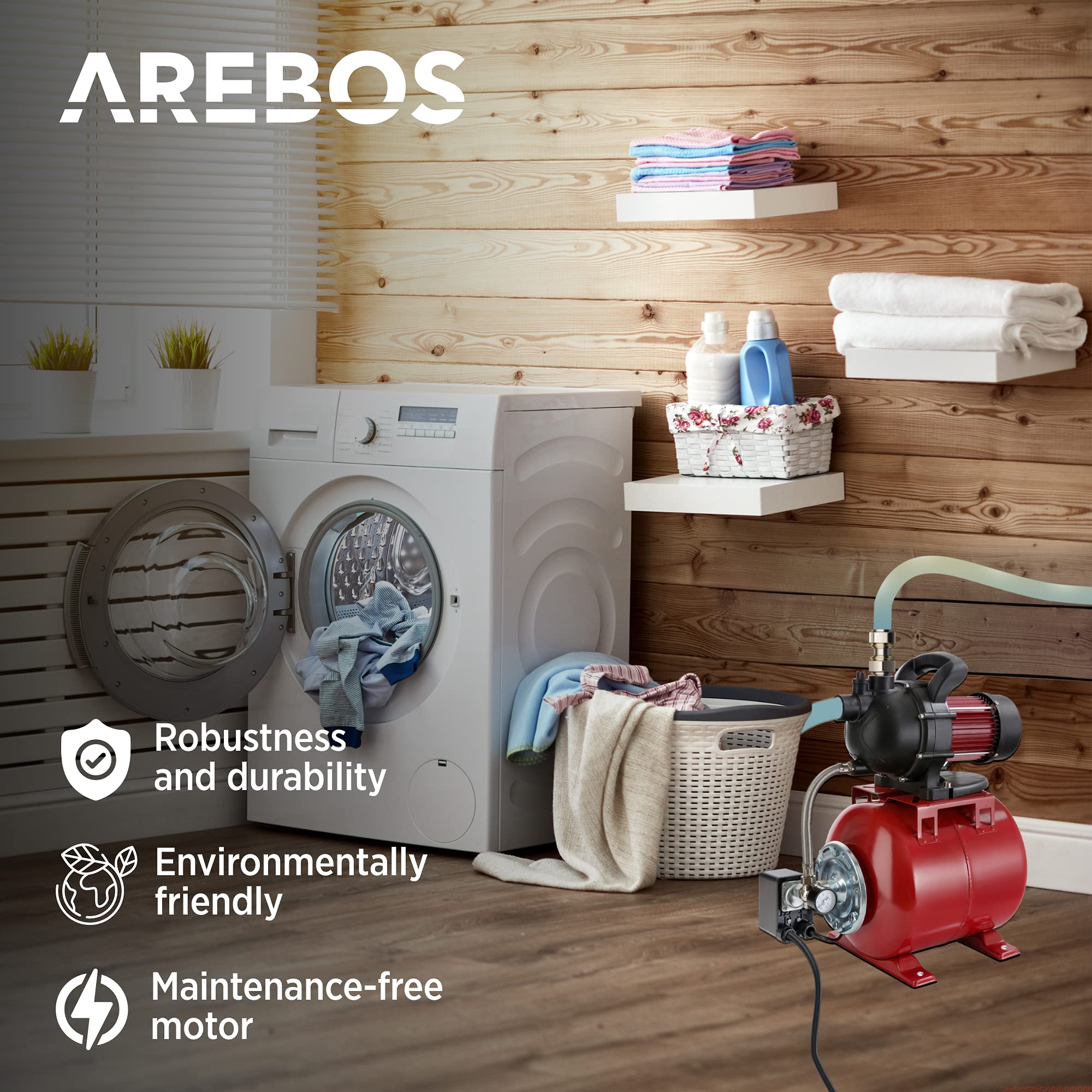 Arebos - Acqua domestica | 1000 Watt | portata 3500 l-h | altezza 44 metri | serbatoio da 19 l | certificazione GS