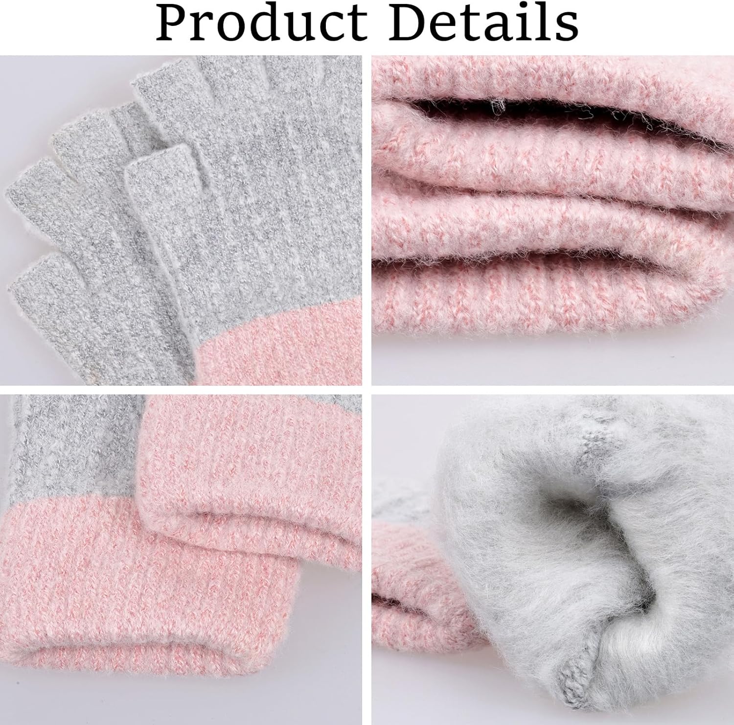Women Winter Fingerless Gloves Pink Gray Warm Knitted Half Finger Mittens Fleece Lined Thermal Fingerless Gloves for Cold Weather Typing Driving Working - Image 3