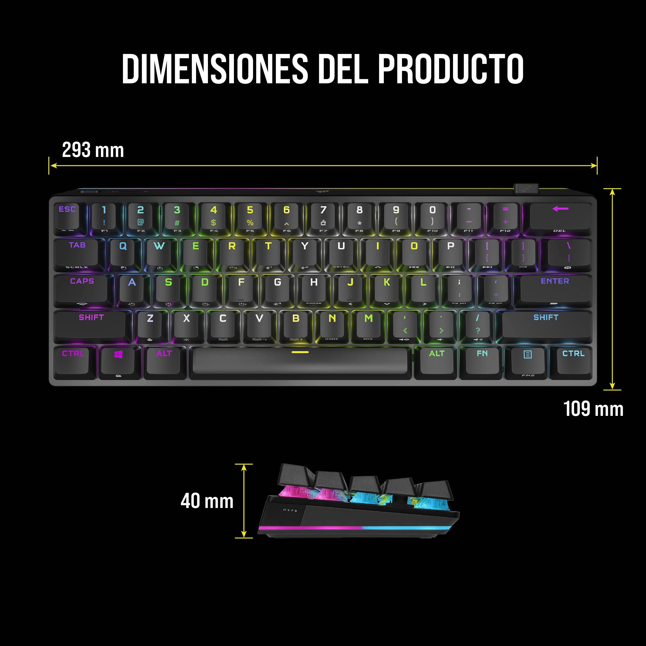 Corsair K70 Pro Mini Wireless 60% Teclado mecánico para Juegos con Teclas de policarbonato (Interruptores de Teclas Cherry MX Red, Retroiluminación LED RGB, Resistente Estructura de Aluminio) Negro
