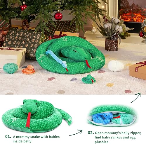 Vista 4 de MorisMos Giant Snake Stuffed Animal Mommy with Babies & Eggs,Realistic Stuffed Snake Plush Toys for Kid Girl Boy 3 5 7 8 12,Long Green Boa Serpiente