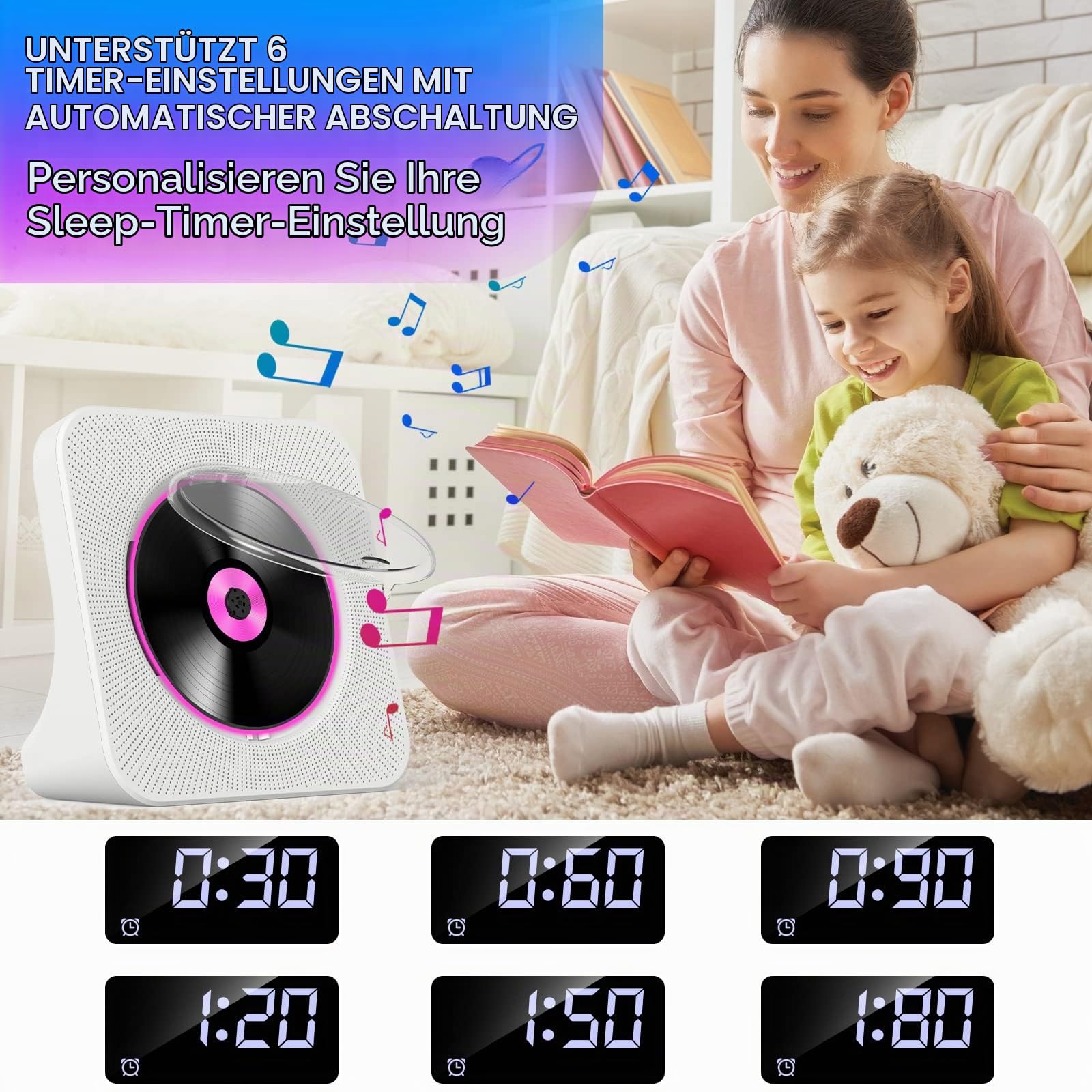Tragbarer CD Player mit Akku Bluetooth Lautsprecher | CD-Player Desktop mit Fernbedienung Staubschutzhülle Bildschirm FM-Radio Timer USB- und AUX-Wiedergabe Kopfhöreranschluss