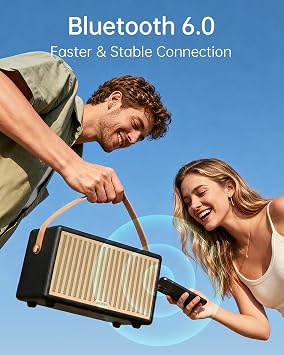 Retro Outdoor Bluetooth 6.0 Speaker, 56H Playtime Portable Wireless with Deep Bass, IPX6 Waterproof, USB-C Fast Charge, AUX Input, Loud Vintage Camping Speakers for Patio, Garage, Travel, Party, Beach
