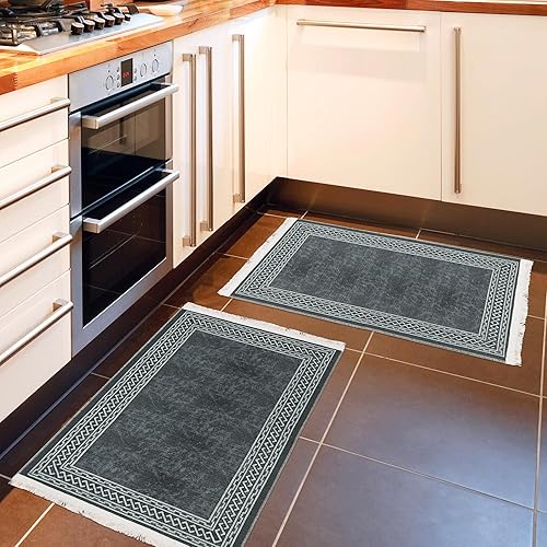 Miniatura 4 de Paquete de 2 alfombras tradicionales de tejido plano de algodón con diseño de borde sin arrugas, lavables a máquina, para entrada, sala de estar,