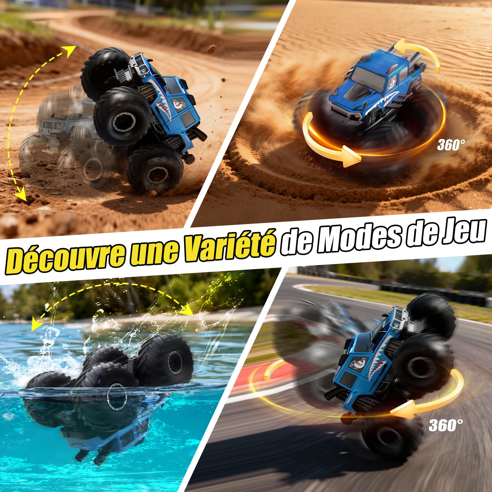 Voiture Télécommandée Tout Terrain Amphibie, 4WD Voiture Stunt Tout-Terrain 360°Rotation Étanche Double Côté Monster Truck Jouet Enfant 6-12 Ans pour Sable, Eau, Jardin(Bleu)