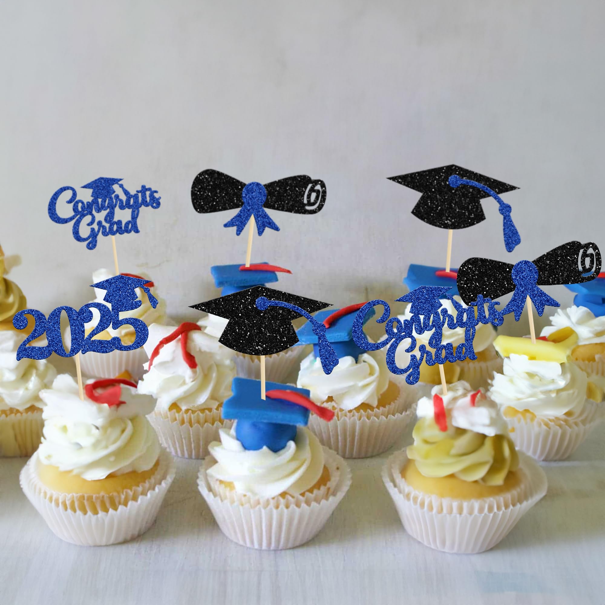 Gyufise 24Pcs 2026 Graduation Cupcake Toppers Blue Glitter Congrats Grad 2026 Diploma Cap Cupcake Picks Class of 2026 Cake Decorations for Grad 2026 Party Cake Decorations Supplies - Image 4