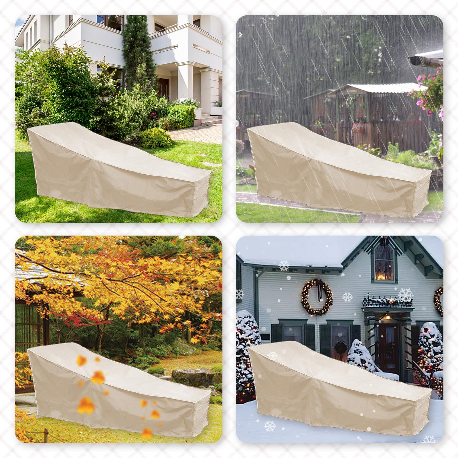 Funda Protectora para Tumbona, Funda Impermeable para Silla de Patio, Funda para Muebles de Jardín a Prueba de Viento de Exterior, 208x76x41cm (Beige)