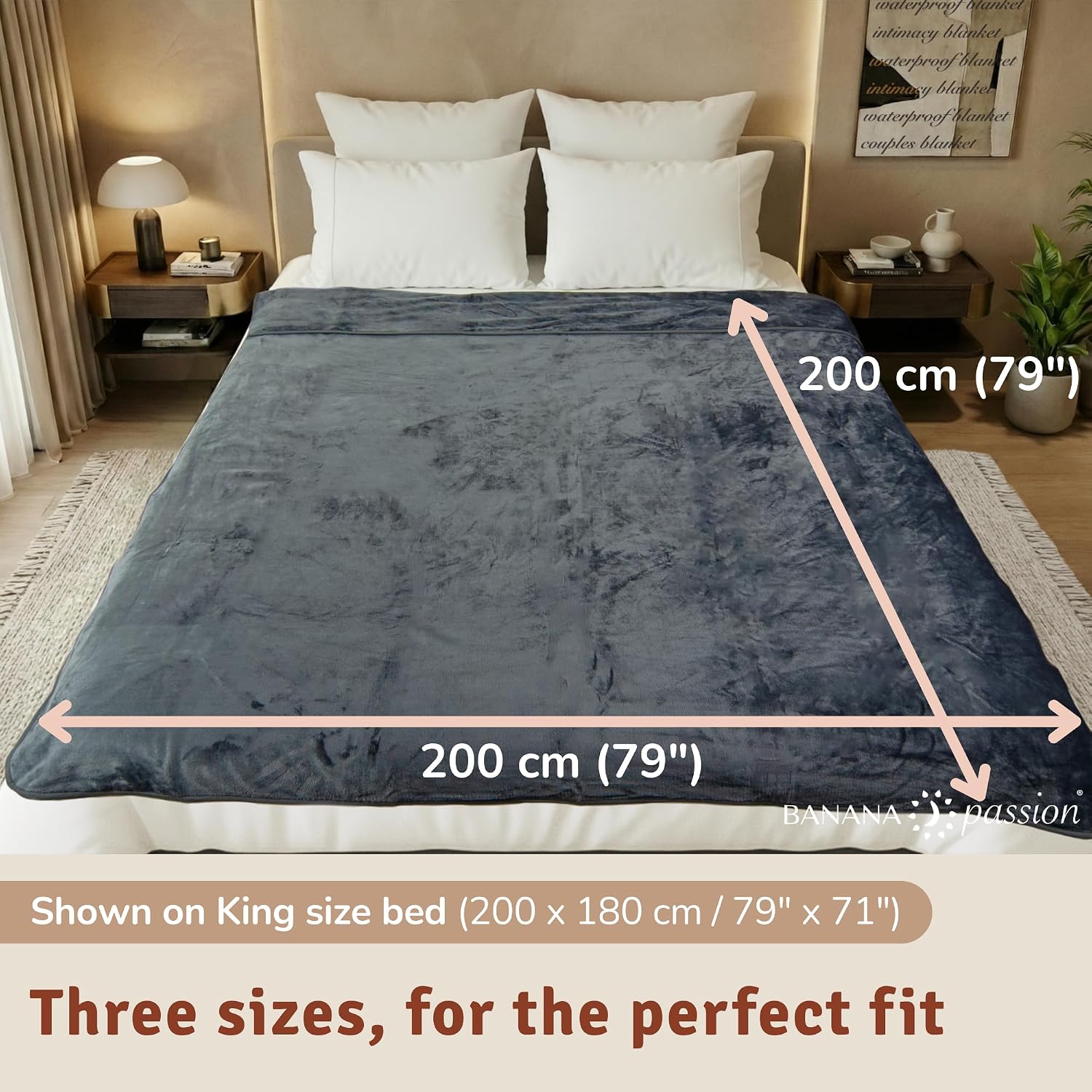 Velvety Waterproof Blanket for Bed, Dark Grey XXL 79 x 79 in, King and Queen Soft Adult Throw, Stain-Proof Washable Reversible Blanket