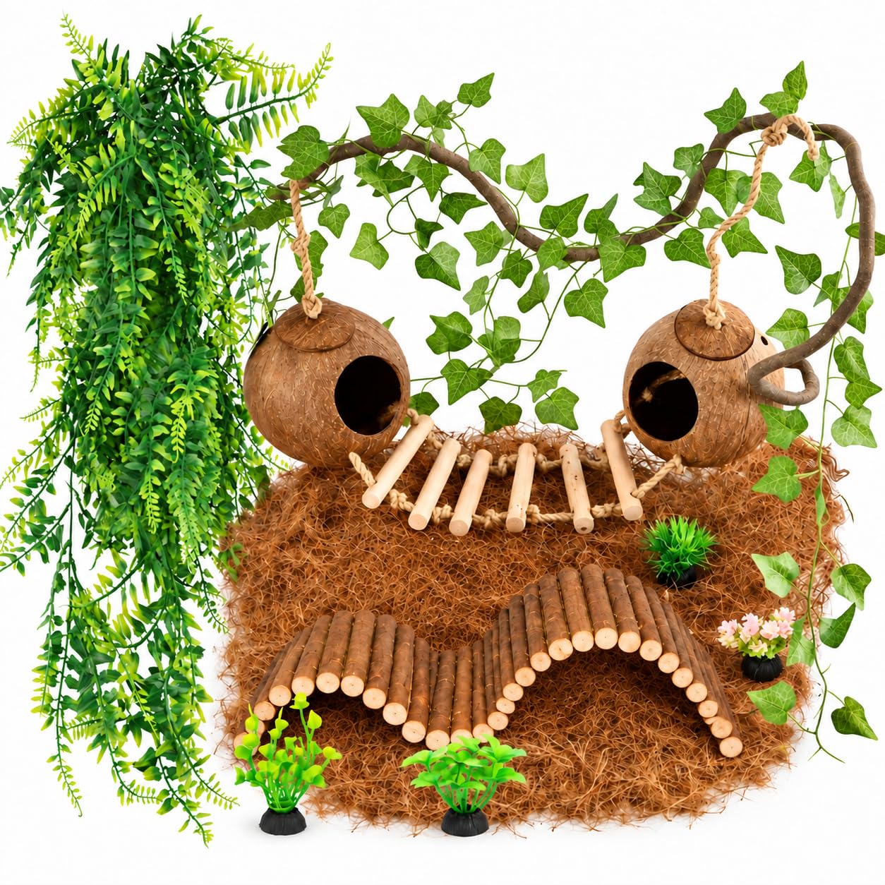 10PCS Crested Gecko Tank Accessories Set – Natural Double Coconut Shell with Ladder, Plants and Bridge Vines for Reptile Terrarium, Leopard Gecko, Lizard, Hermit Crab or Snake Habitat Decor