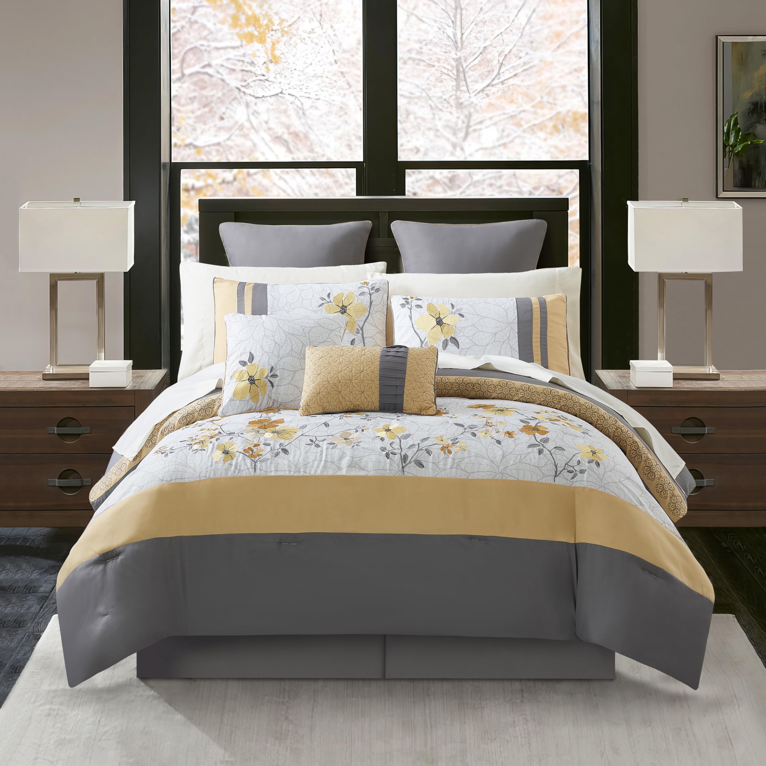 Grand Avenue Grey/Yellow Bedding Sets Queen with Comforter, 12 Piece, Bedding Sets & Collections,1 Flat Sheet,1 Fitted Sheet, Bedskirt, Pillows & Shams