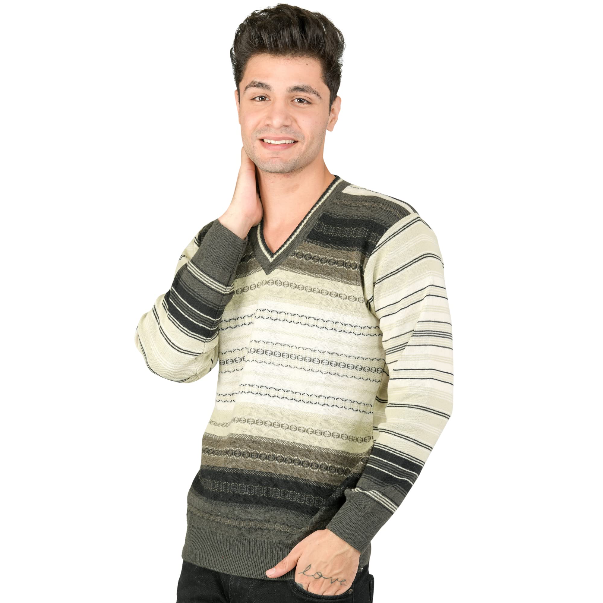 Men Woolen V-Neck Self Design Printed Pullover Heavy Rainbow Fabric Winter Wear 100% Pure Wool Cardigan for Men Long Coaty Fully Warm Heavy Pullover Cardigans Free Sizes-image-44