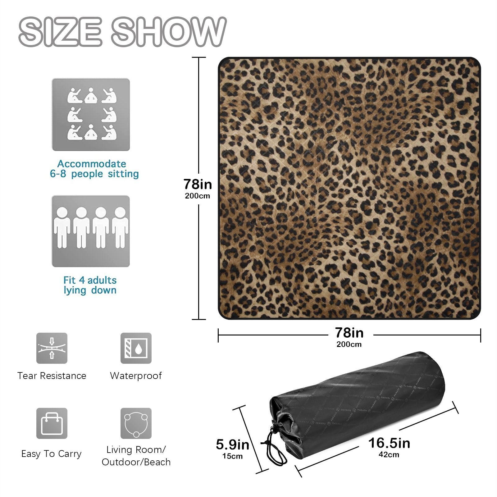 Picknickdecke 200x200cm, Tier Leopard Print groß wasserdicht Campingdecke faltbar Strandmatte Picknick-Matte