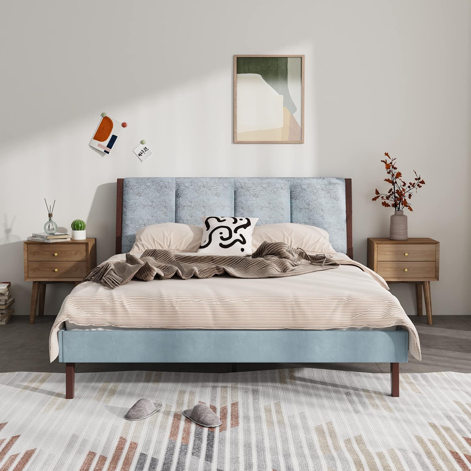RYR Queen Size Upholstered Platform Bed Frame with Velvet Elegant Headboard and Wooden Slats Support,Easy Assembly No Box Spring Needed Sky Blue Velvet