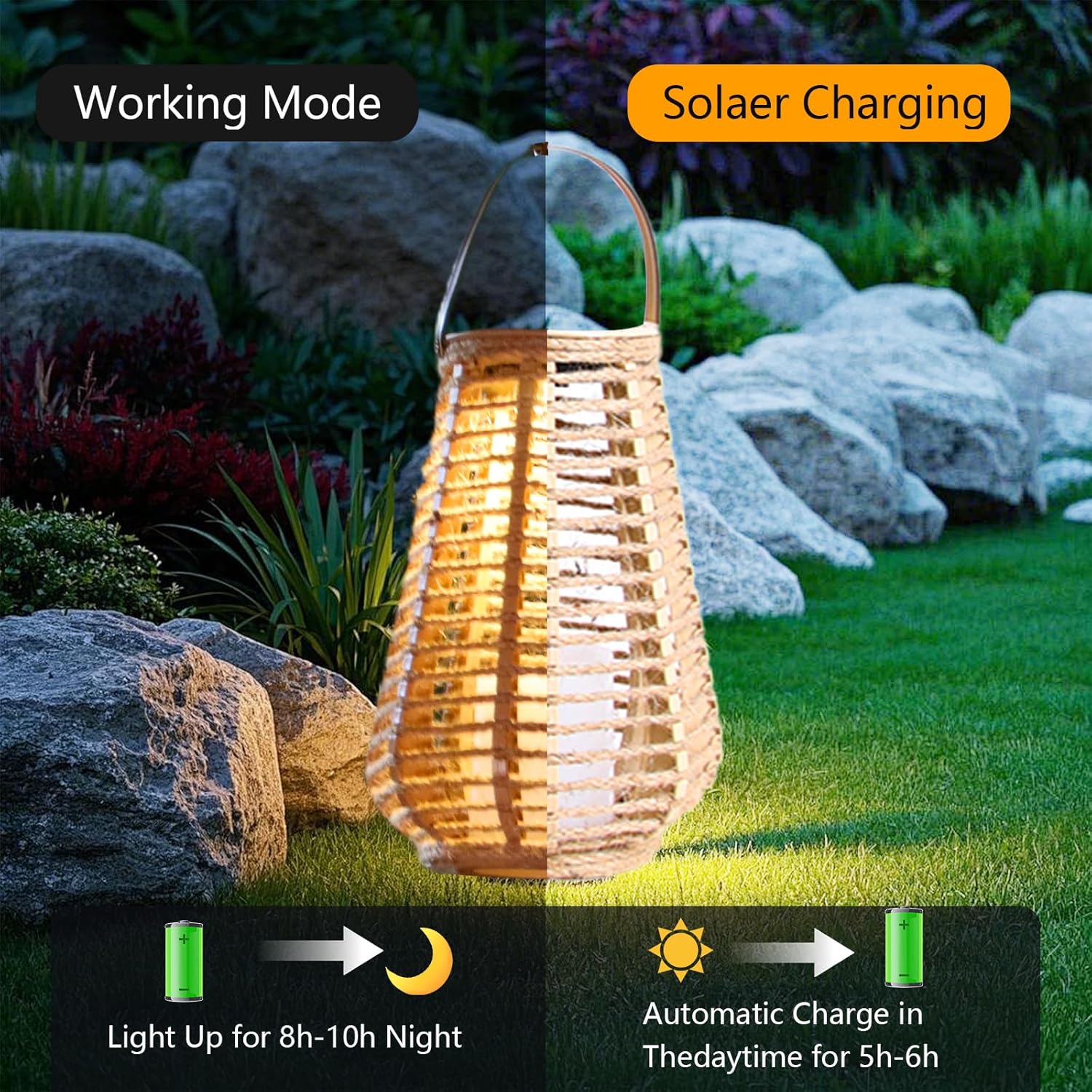 2 Pack Solar Lanterns Outdoor Waterproof, Vase-Shaped Solar Lantern with Handle, Hand-Wound Rope Outdoor Lantern Dusk to Dawn 6-8Hr, Hanging & Tabletop Decor for Garden/Patio