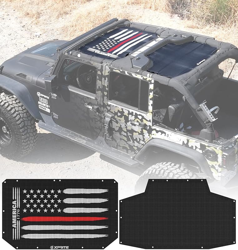 Tela de proteção solar Xprite Red Line US Flag para Jeep Wrangler JK JKU 4 portas 2007-2018 – 2 peças