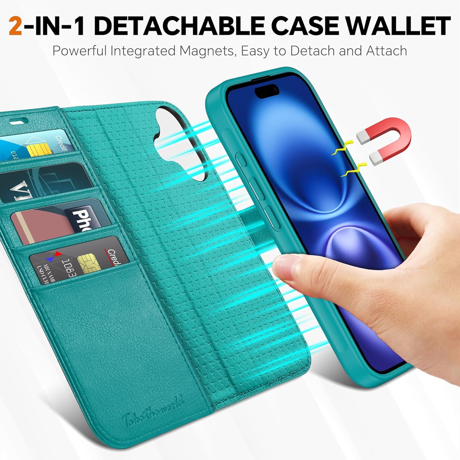 TUCCH Case Wallet for iPhone 16, [Detachable] [2 in 1] Stand RFID Blocking 4 Card Slots Wireless Charging Shockproof Case, PU Leather Magnetic Removable Flip Cover Compatible with iPhone 16, Cyan