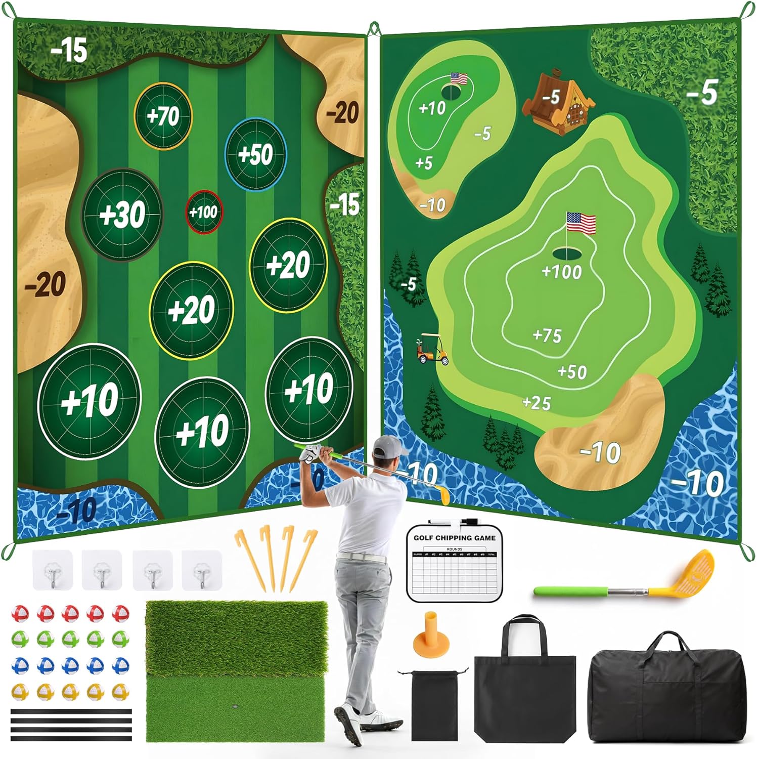 Golf Chipping Game Mat Double Sided, 6x5 FT Golf Practice Mat with Sticky Golf Balls, Indoor Outdoor Golf Hitting Mat for Adults Backyard Garage Family Game