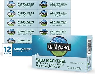 Wild Planet Skinless & Boneless Mackerel Fillets in Organic EVOO, Sustainably Sourced Tinned Fish, 4.4oz Pack of 12