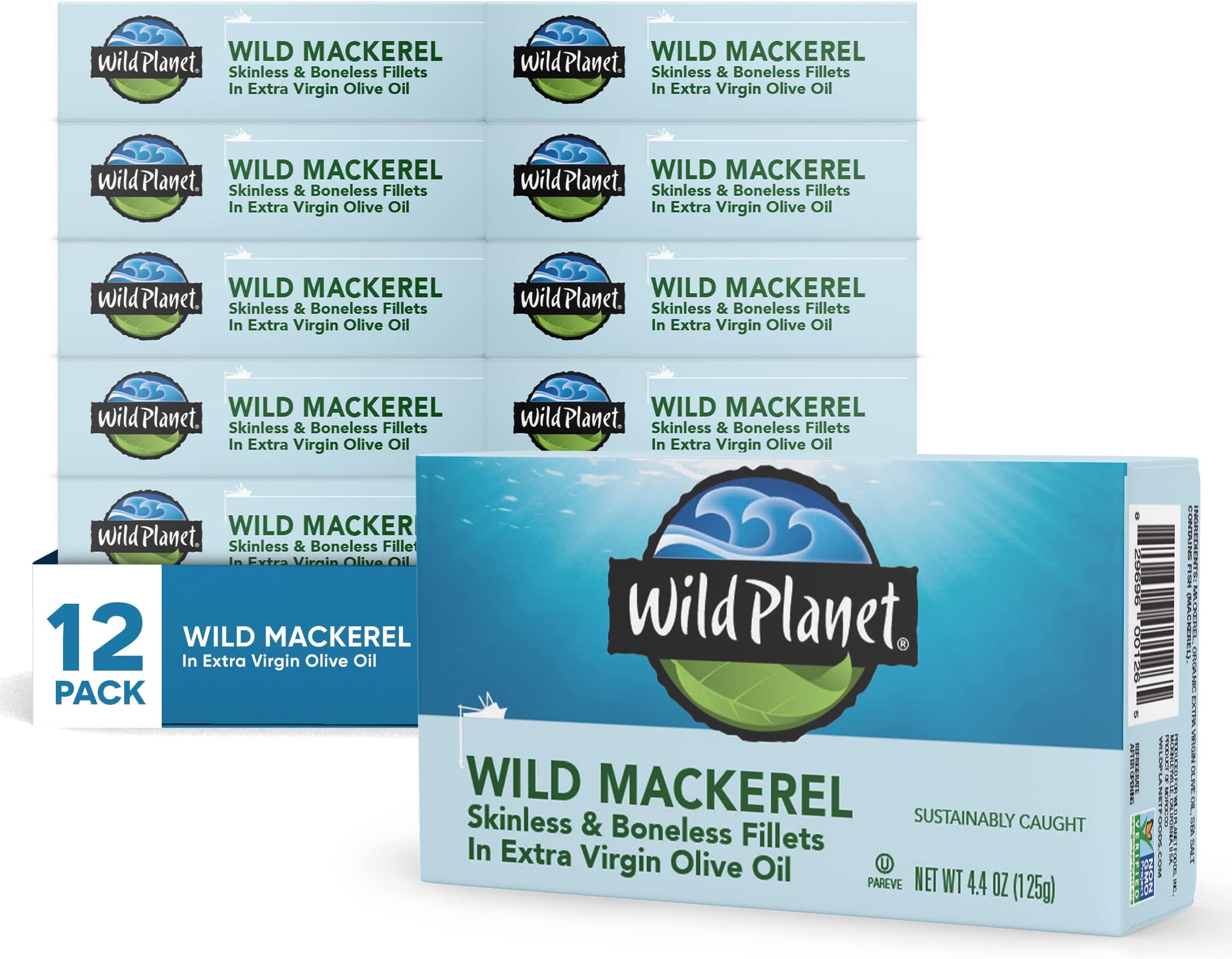 Wild Planet Mackerel Skinless Boneless Fillets in Extra Virgin Olive Oil (4 4oz, 125g)